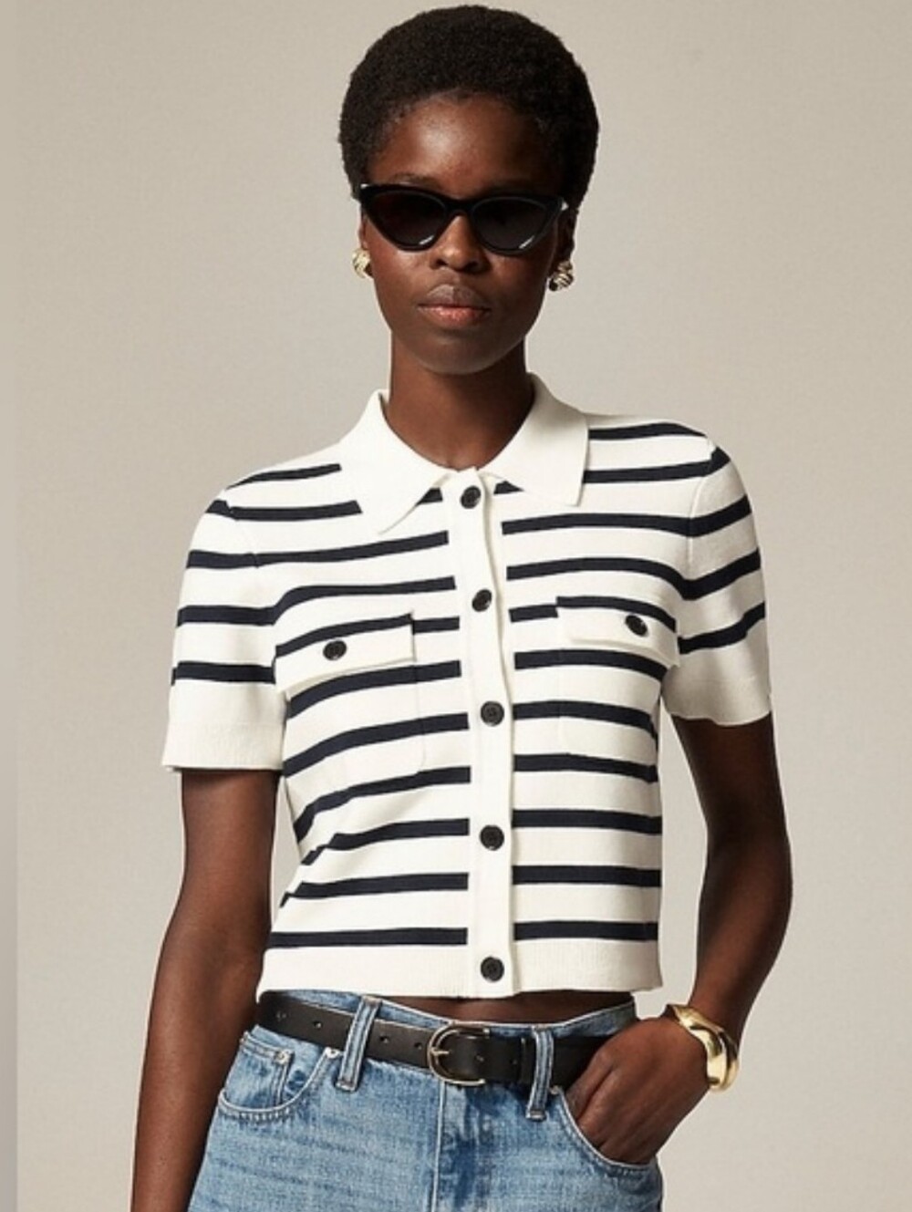 J Crew Collared Short-Sleeve Polo Cardigan In Striped White Navy